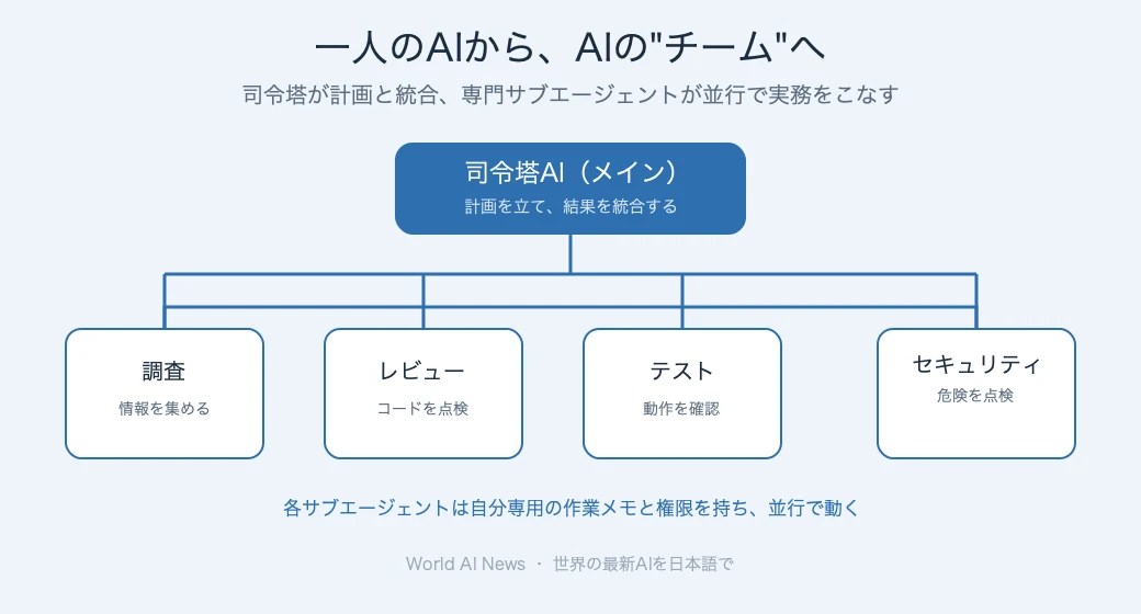 司令塔AIが専門サブエージェント（調査・レビュー・テスト・セキュリティ）を束ねる