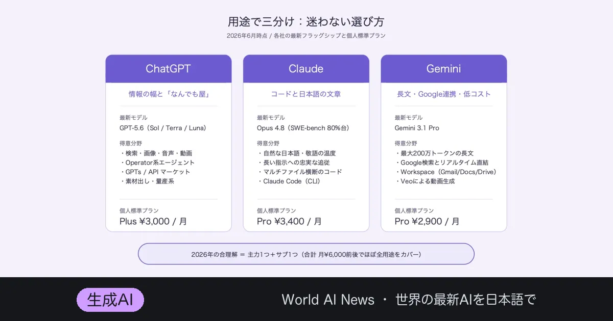 ChatGPT・Claude・Gemini比較｜違いと使い分け2026年版